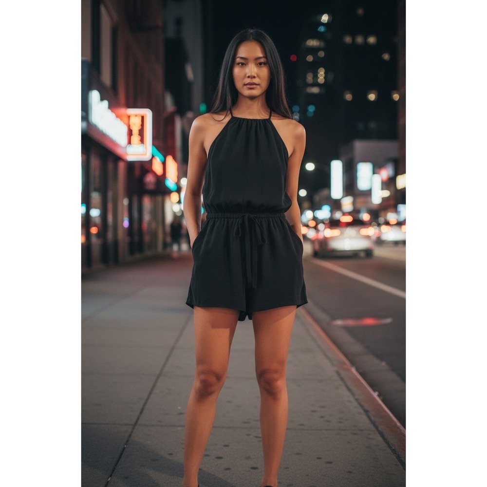 Bebop Black Halter Neck Romper Elastic Waist Tie Pockets Size Large